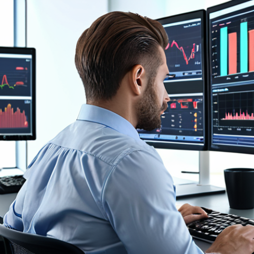 Home 6 **Financial Analyst at Work:** A credit analyst working in a modern bank, reviewing financial documents with data displayed on multiple screens. Focus on a professional, analytical environment.