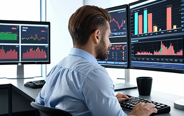 **Financial Analyst at Work:** A credit analyst working in a modern bank, reviewing financial documents with data displayed on multiple screens. Focus on a professional, analytical environment.