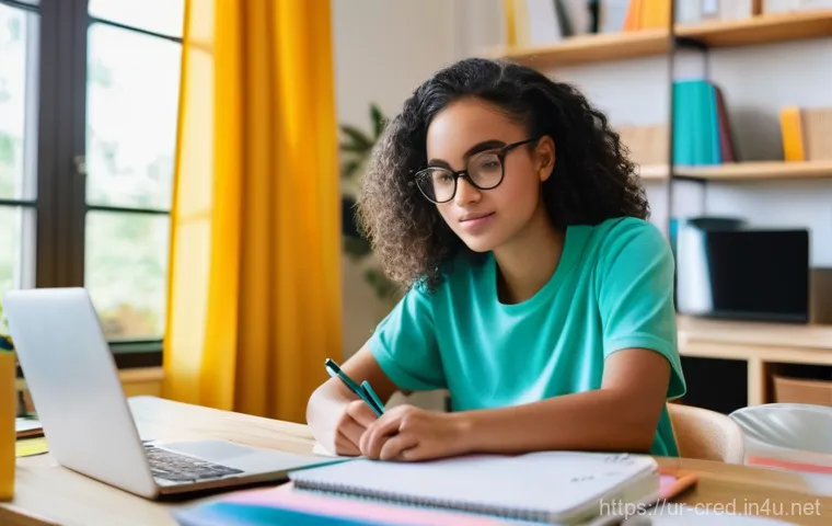 신용분석사 시험 합격 후기 - **Prompt:** A young adult, dressed in comfortable, modest casual wear, is seated at a brightly lit, ...