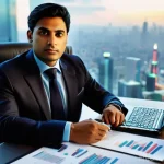 신용분석사와 리스크 관리의 중요성 - **Prompt:** "A highly focused South Asian credit analyst, a man in his late 30s, dressed in a sharp,...