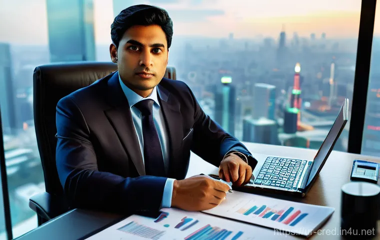 신용분석사와 리스크 관리의 중요성 - **Prompt:** "A highly focused South Asian credit analyst, a man in his late 30s, dressed in a sharp,...