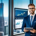 신용분석사 경력 성장 포트폴리오 작성 - **"A confident and astute credit analyst, wearing a sharp business suit, stands in a modern, brightl...