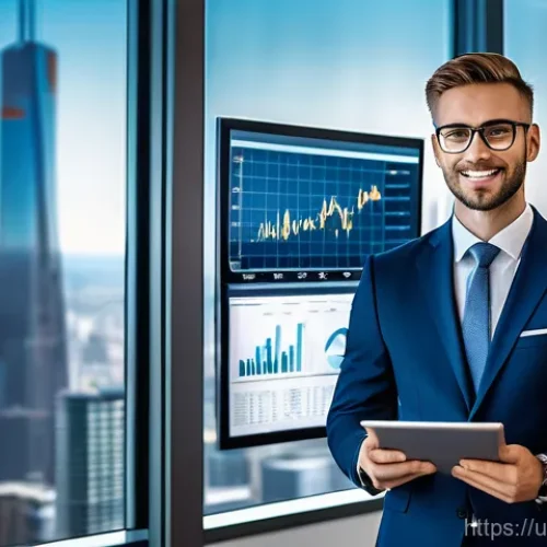 신용분석사 경력 성장 포트폴리오 작성 - **"A confident and astute credit analyst, wearing a sharp business suit, stands in a modern, brightl...