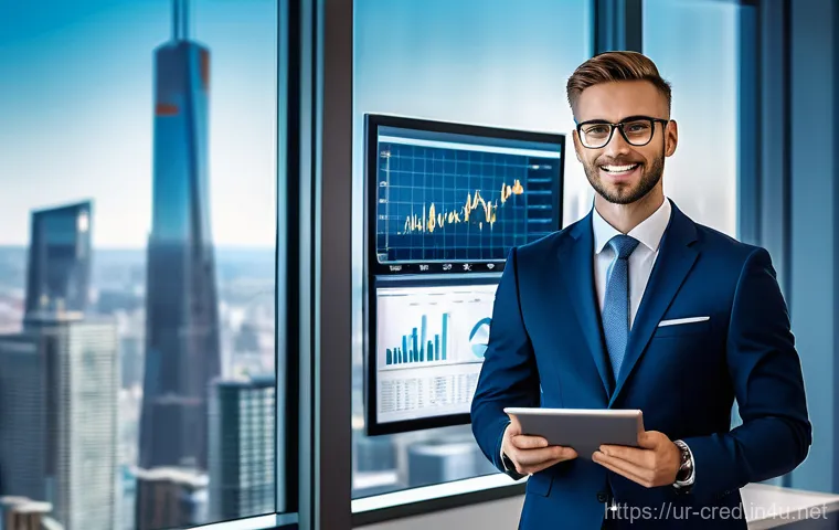 신용분석사 경력 성장 포트폴리오 작성 - **"A confident and astute credit analyst, wearing a sharp business suit, stands in a modern, brightl...